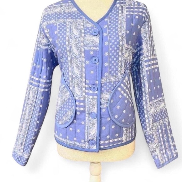 Como Vintage Jackets & Blazers - Como Vintage Blue and White Patchwork Cottagecore Quilted Chore Jacket